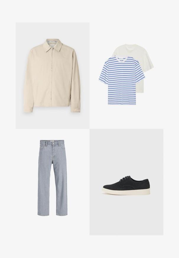Beige leichte Jacke mit spitzem Kragen, frontalem Reißverschluss und seitlichen Taschen. Glatte Textur und schlichtes Design.; Zwei kurzärmlige T-Shirts: eines weiß mit blauen Streifen und eines in einfarbig hellem Creme. Aus weichem Baumwollmaterial, mit Rundhalsausschnitt und lockerer Passform.; Helle blaue Jeans aus Denim mit lockerer Passform, geradem Bein, sichtbaren Nähten, zwei vorderen Taschen und einem Knopfverschluss.; Schwarzes Wildleder-Schnürschuh mit runder Spitze, leichtem cremfarbenem Sohlen und dezenten blauen Stickakzenten auf dem Obermaterial.