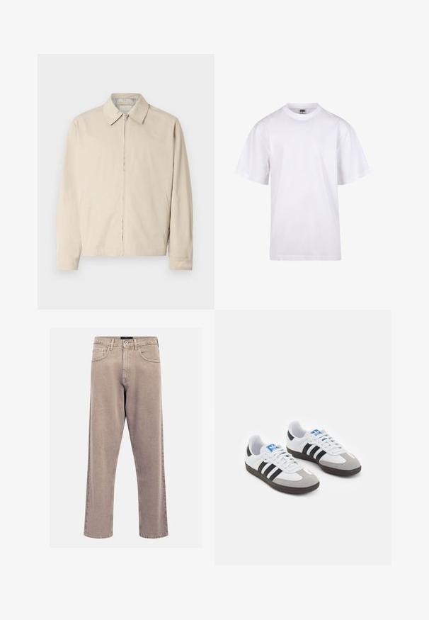 Šviesiai ruda, lengva striukė su smailiu apykakle, priekiu užtrauktuku ir šoninėmis kišenėmis. Lygi tekstūra ir paprastas dizainas.; Balta medvilnės marškinėliai su apvaliu iškirpimu, trumpomis rankovėmis ir laisvu siluetu. Turi paprastą dizainą be raštų ar akcentų.; Bežinės tiesių kojų džinsai, pagaminti iš džinsinio audinio, su klasikinio penkių kišenių dizainu, siuvinėjimo akcentais ir tvarkingai apdirptu kraštu.; Sportiniai batai su balta odine viršutine dalimi, pilku zomšiniu priekiu ir trimis juodomis juostelėmis. Ant liežuvio yra mėlynas logotipas, o padas pagamintas iš tekstūruoto gumos.