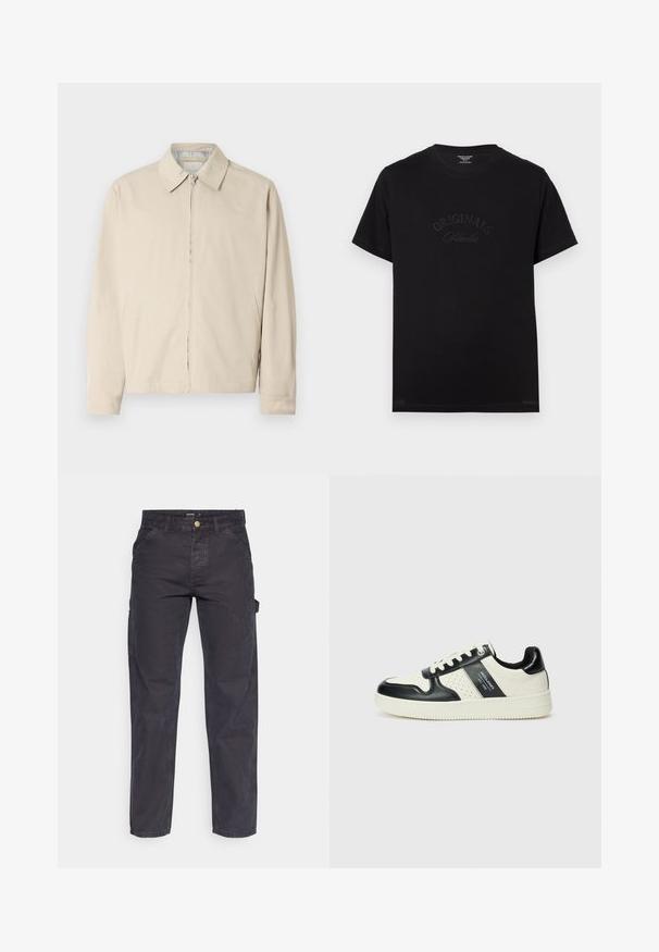Veste légère beige avec un col pointu, fermeture éclair à l'avant et poches latérales. Texture lisse et design simple.; T-shirt en coton noir à manches courtes et col rond. Présente "ORIGINALS Studio" embossé en lettres tonales sur le devant.; Pantalons cargo gris foncé en tissu durable, avec une coupe droite, cinq poches et une fermeture à bouton à la taille.; Baskets en cuir avec un schéma de couleurs noir et crème, dotées d'accents perforés, d'un col rembourré et d'une semelle texturée.