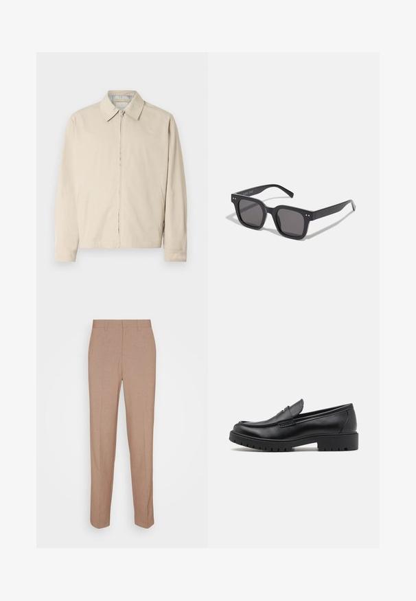 Beige lightweight jacket with a pointed collar, front zip closure, and side pockets. Smooth texture and simple design.; Black and white crew-neck t-shirts, short sleeves, made from cotton fabric, smooth texture, featuring branding on the neckline.; Beige tailored trousers in a smooth, textured fabric. Straight fit with a waistband and no visible embellishments or pockets.; Black leather loafers with a rounded toe, slip-on design, and thick rubber sole featuring a textured grip. Elevated heel and subtle stitching details.; Black rectangular sunglasses with dark lenses, featuring a thick frame, subtle accents on the sides, and no visible logos beyond the brand name.; Metal quartz watch with a black face, white numerals, and date display. Features a stainless steel band and a water resistance of 100m.