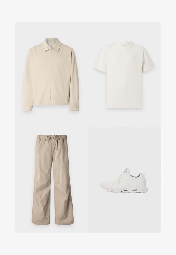 Beige lightweight jacket with a pointed collar, front zip closure, and side pockets. Smooth texture and simple design.; White short-sleeve T-shirt in a ribbed texture. Round neckline, relaxed fit, no visible patterns or accents. Simple and versatile design.; Beige wide-leg pants with an elastic waistband and drawstring. Smooth texture, two side pockets, and minimal seams for a relaxed fit.; White athletic shoes featuring a textured knit upper, flat laces, and a cushioned sole with visible air chambers for added support.