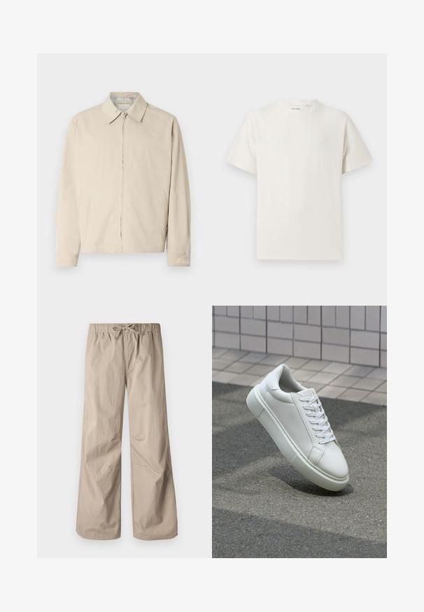 Bež kerge jakk terava kraega, eeslukuga ja küljetaskutega. Sile tekstuur ja lihtne disain.; Valge lühikeste varrukatega T-särk ribakudumises. Ümar kaelus, mugav lõige, nähtavad mustrid ega aksessuaarid puuduvad. Lihtne ja mitmekesine disain.; Beežid laiad püksid elastse vöökoha ja tõmbluku abil. Sile tekstuur, kaks küljetaskut ja minimaalsed õmblused, et tagada mugav istuvus.; Valge nahkline sneka, millel on sile pind, ümar varvas ja lame valge pael. Omab tekstuuriga kummist talla ja minimaalset kujunduselementi.