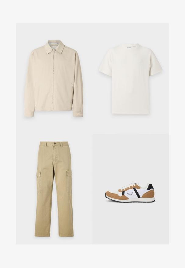 Chaqueta ligera beige con cuello puntiagudo, cierre frontal de cremallera y bolsillos laterales. Textura suave y diseño sencillo.; Camiseta blanca de manga corta en textura acanalada. Cuello redondo, corte relajado, sin patrones ni acentos visibles. Diseño simple y versátil.; Pantalones cargo beige de algodón, con dos bolsillos laterales, cierre de botón y perneras rectas con una tela ligeramente texturizada.; Zapatilla de estilo retro con gamuza blanca y marrón, acentos negros, cordones blancos y el logo "Jack & Jones EST. 1990" en el lateral.