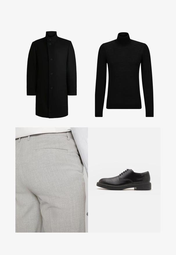 HUGO MINTRAX - Κλασικό παλτό - black; Μαύρο πουλόβερ σταυρωτό λαιμό, φτιαγμένο από μαλακό υλικό, με μακριά μανίκια και εφαρμοστή γραμμή. Ριγωτή λεπτομέρεια στο τελείωμα και στους καρπούς. Απλός σχεδιασμός.; Ανοιχτό γκρι, ραμμένο παντελόνι από υφή ύφασμα, με μία τσέπη στο πίσω μέρος και καθαρή ραφή.; Μαύρο δερμάτινο παπούτσι με κορδόνια, με στρογγυλή μύτη, λεία υφή, ελάχιστη ραφή και χαμηλή καουτσούκ σόλα. Λογότυπο στη σόλα.