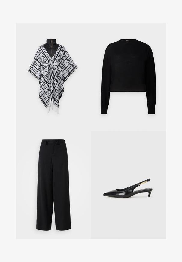 Black and white patterned poncho with a v-neck design, fringed hem, and black high-collar puffer underneath. Soft texture and loose fit.; Black, long-sleeve cropped sweater with a round neckline. Made from a lightweight material with a smooth texture and minimal design.; Black wide-leg trousers made of smooth fabric, featuring a flat-front design, pleated details, and belt loops at the waistband.; Black leather slingback heels with a pointed toe, featuring a slim heel and a gold-tone accent on the adjustable strap. Smooth texture.