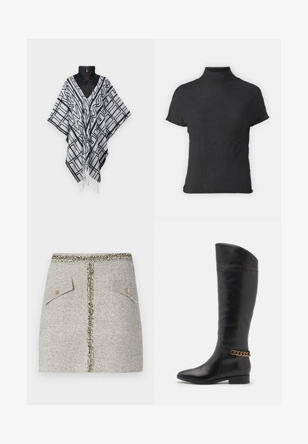 Black and white patterned poncho with a v-neck design, fringed hem, and black high-collar puffer underneath. Soft texture and loose fit.; Black short-sleeve turtleneck top made of lightweight fabric with a smooth texture and a fitted shape, featuring a high neckline.; Woven tweed skirt in white and black herringbone pattern, features two front pockets and a gold-tone zipper at the back with frayed edges.; Tall black leather boots with a sleek design, pointed toe, and a gold chain accent at the ankle. Low block heel. Smooth texture.