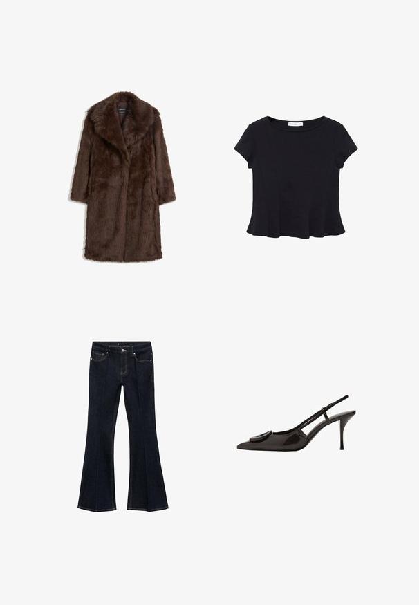 Hnedý kabát z umelého kožúška s širokým golierom, dlhými rukávmi a strednou dĺžkou, s jemným textúrovaným povrchom.; Čierny krátky rukáv top vyrobený z mäkkej tkaniny, s okrúhlym výstrihom a rozšíreným lemom s jemným švom.; Tmavomodré džínsy s vysokým pásom, prednými vreckami a rozšírenými nohavicami, vystavené na bielom pozadí.; Čierne lakované slingback topánky s prednou časťou do špica, minimalistický dizajn, malý obľúkový akcent na nártovej časti a štíhla podpätok.