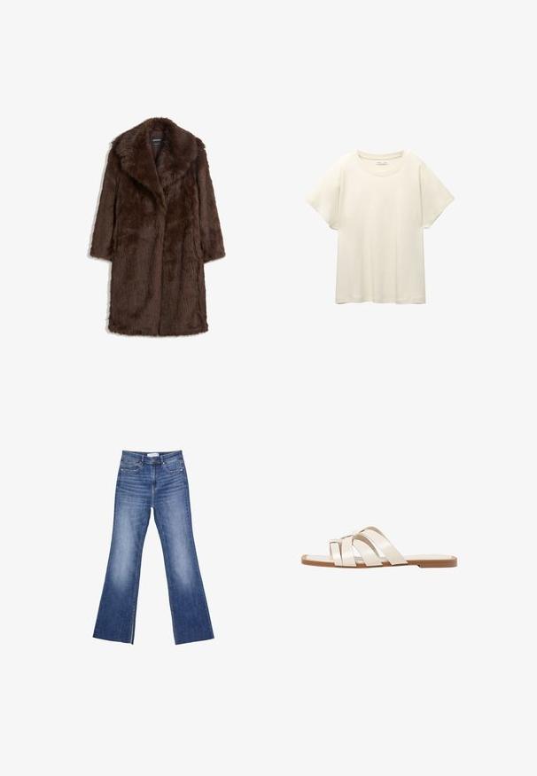 Rjav plašč iz umetnega krzna z širokim ovratnikom, dolgimi rokavi in srednje dolgo zasnovo z mehkimi, teksturiranimi površinami.; Svetlo bež kratkosleeven majica s okroglim ovratnikom, izdelana iz mehke, gladke tkanine. Ima sproščen kroj in raven rob.; Modre jeans hlače z visokim pasom, sprednjimi žepek in rahlim razširjenjem na dnu na belem ozadju.; Ravne sandale s svetlo rjavim gumijastim podplatom, zasnovane s tremi prekrivajočimi se belimi usnjenimi trakovi in majhnim lokom na sredini.