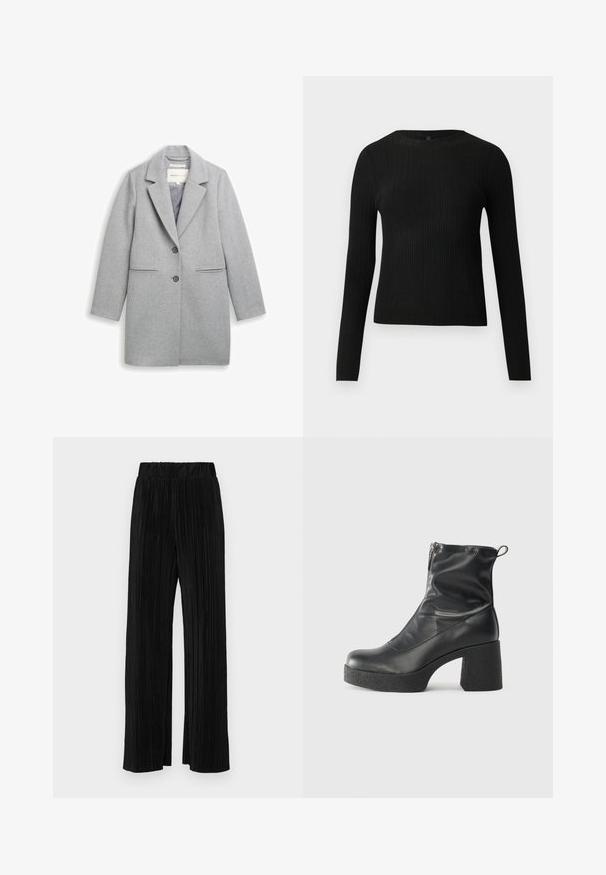 Grå ullblandingsfrakk med notched lapel, to-knappslukking, sidelommer og lange ermer. Glatt tekstur og skreddersydd design.; Svart ribbestrikket langermet tettsittende genser med rund hals, vist mot en ensfarget lys bakgrunn.; Sorte plisserte bukser med elastisk midje. Har vide ben og et glatt, strukturert stoff med vertikale striper.; Svarte ankelstøvler laget av glatt lær, med glidelås på siden, chunky strukturert hæl, og rund tå-design.