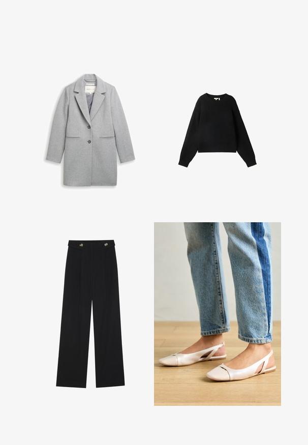 Grau gemischter Wollmantel mit Reverskragen, zwei Knöpfen, Seitentaschen und langen Ärmeln. Glatte Textur und taillierte Passform.; Schwarzer Strickpullover mit Rundhalsausschnitt, langen Ärmeln und einem gerippten Design. Kürzerer Schnitt und lockere Passform.; Schwarze weite Hosen mit hoher Taille, Knopfdetails am Bund und vorderen Falten.; Blassrosa Slingback-Ballerinas mit spitzem Punkt, aus einem glatten, lederähnlichen Material. Mit Ausschnitten an den Seiten und einem flachen Absatz.