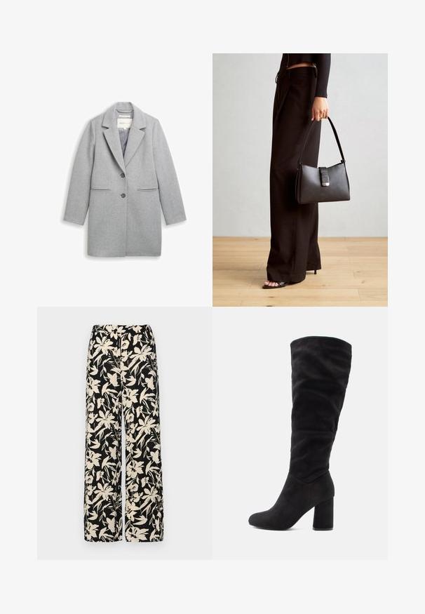 Halli villasegude mantli, millel on lõhiklapid, kahe nööbiga kinnitamine, küljetaskud ja pikad varrukad. Sile tekstuur ja täpselt lõigatud disain.; Must mustriga lühikeste varrukatega tipp, valmistatud siledast materjalist, millel on peplum-disain ja vöödiga talje, millel on kaks ümmargust, hõbedase tooni nuppu.; Mustad laiad püksid kreemja lillemustriga. Valmistatud kergest kangast, millel on sile tekstuur ja kõrge vöökoht.; Musthave mustrehiead jalanerugud, mis on valmistatud pehmest tekstureeritud kangast. Neil on jäme plokk-kreen ja ümar varba disain.; Must musta kott, millel on struktureeritud kuju, sile tekstuur ja metallist klamber. Kombineeritud laiate mustade pükstega ja avatud varvaste sandaalidega puidust põrandal.