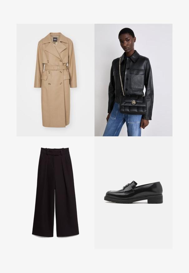 BOSS CASPINA - Klassisk kappa / rock - open beige; Mörkblå t-shirt med korta ärmar gjord av mjukt tyg. Har en rund halsringning och en subtil tryckt logotyp på framsidan.; Svarta vida byxor i slät tyg, med hög midja, bälteslopp och två framfickor. Plisserad design ger struktur.; Svart polerad läderloafer med låg blockklack, sydd tå och metallspråkdetalj på ovandelen, visad i sidoprofil mot vit bakgrund.; Svart läderjacka med knappstängning och två framfickor, i kombination med en svart vadderad handväska med ett guldspänne och kedjerem.