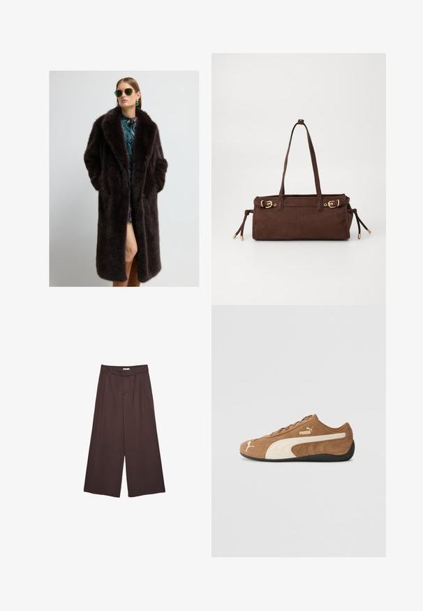 Brauner Kunstfellmantel mit doppelter Knopfleiste, großem Kragen und Seitentaschen. Das Model trägt ein gemustertes Kleid und Accessoires.; Beiger Strickpullover mit hohem Kragen, halblangem Reißverschluss und überschnittenen Schultern. Mit geripptem Saum und Bündchen.; Braune, weite Hosen aus weichem Material, mit Falten an der Taille und seitlichen Taschen. Maßgeschneiderte Silhouette mit bequemem Sitz.; Braune Wildleder-Low-Top-Sneaker mit cremefarbenen Akzenten, strukturierter Oberfläche, schwarzer Gummisohle und gesticktem Logo an der Seite und Zunge.; Braune Wildleder-Shoppertasche mit zwei Schulterriemen, goldenen Hardware-Akzenten und verstellbaren Seitenbändern. Verfügt über einen Reißverschluss und eine glatte Textur.