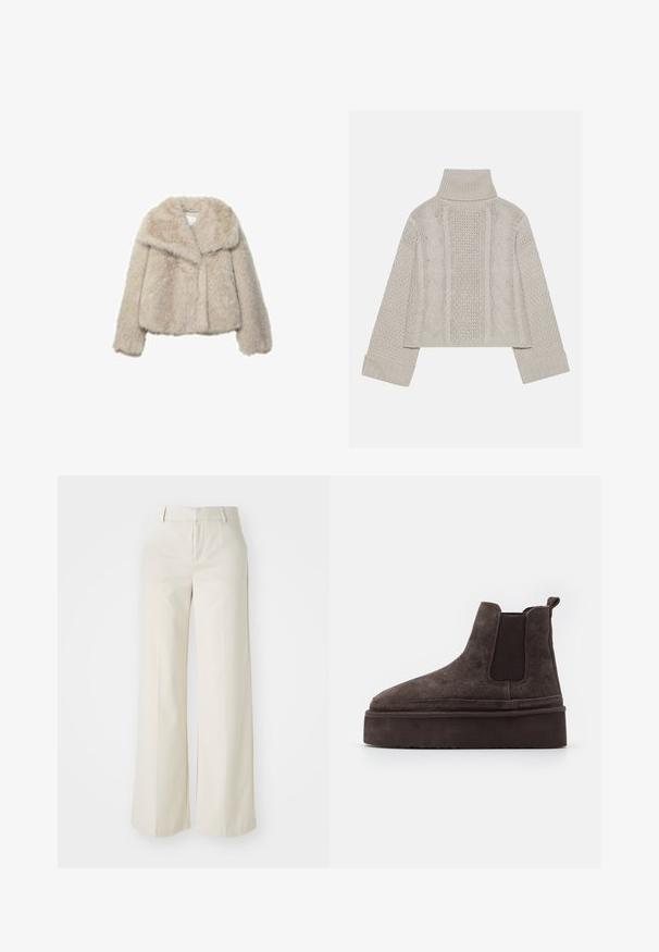 Stradivarius CROPPED - Zimska jakna - stone; Kratka, svetlo siva pletena pulover s visokim ovratnikom in rebrastimi manšetami, ki ima strukturne kabelske vzorce po hrbtu in straneh.; Široke hlače v svetlo bež barvi, izdelane iz gladkega materiala. Imajo klasičen pas in ravno sprednjo stran z čistimi linijami.; Rjave semiš Chelsea čizme z elastičnimi stranskimi paneli in debelim, teksturiranim platformnim podplatom. Imajo zanko na peti za lažje oblačenje.