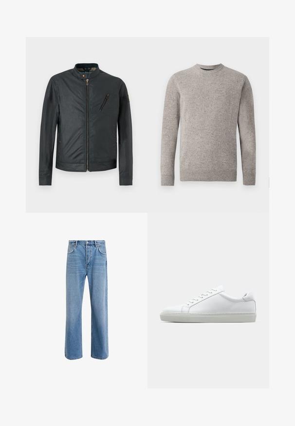 Dark gray jacket with a stand collar, front zipper, and a diagonal zippered chest pocket. Light texture and minimalistic design details.; Light gray knitted sweater with a crew neckline, long sleeves, and ribbed cuffs and hem. Textured pattern with flecks of color.; Light blue denim jeans with a straight-leg design, five pockets, button closure, minimal fading, and contrasting stitching details.; White sneaker with a smooth leather upper and a low profile. Features a rounded toe, six eyelets, and a textured rubber sole.