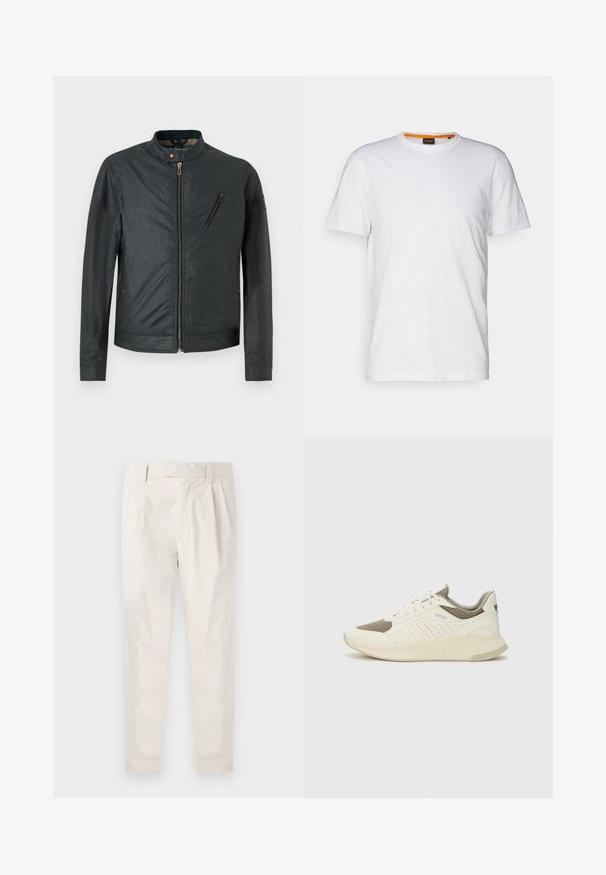Tamsiai pilka striukė su stovinčiu apykakle, priekyje užtrauktuku ir įstrižine kišene su užtrauktuku ant krūtinės. Lengva tekstūra ir minimalistiški dizaino akcentai.; Balta medvilnė marškinėliai su apvalia iškirpte, trumpomis rankovėmis ir subtiliu iškilniu logotipu ant krūtinės. Viduje esantis etiketas turi oranžinį akcentą.; Balti, susiūtos kelnes, turinčios pritaikytą siluetą, pasižyminčias lygia tekstūra, dirželio kilpomis ir siaurėjančiomis kojomis. Nėra matomų kišenių ar raštų.; Baltas ir šviesiai bežinis sportinis kedas, su tinklo viršumi, perforuotais detalėmis ir tekstūruotu tarpine su logotipu ant kulno.