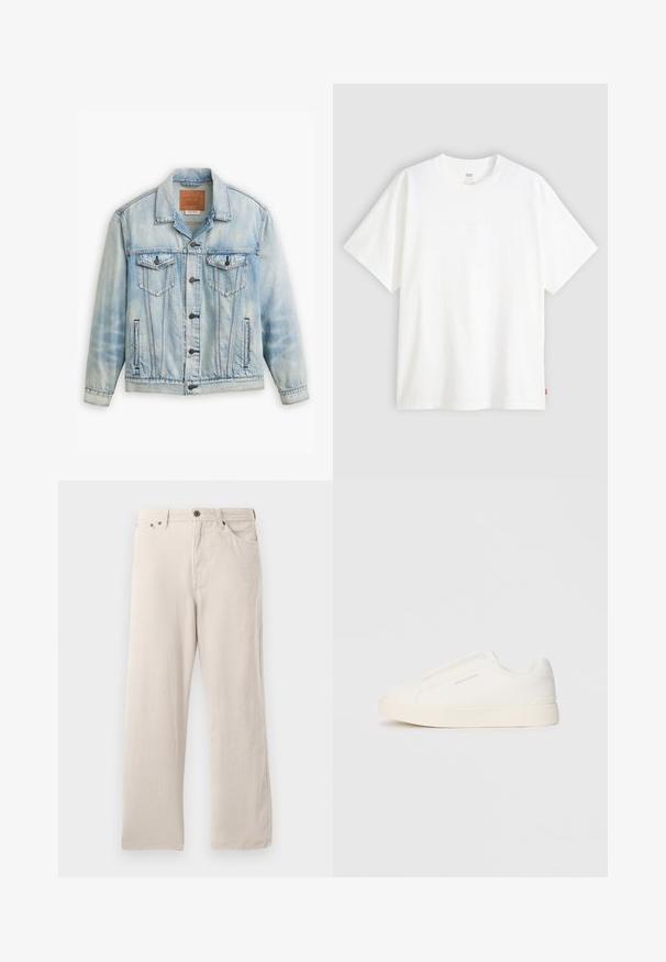 Világoskék farmerdzseki klasszikus dizájnnal, két mellszsebbel, gombos záródással és enyhén kopott textúrával.; Fehér, rövid ujjú pamut póló, kerek nyakkivágással. Az elülső részen finom, domború logós részlet található, valamint egy piros cimke az alsó szegélyen.; Beige kordbársony nadrág egyenes szabással, bordázott textúrával, öt zsebes kialakítással és gombos záródással.; Fehér slip-on sportcipők texturált felülettel, vastag talppal és minimalista dizájnnal. Az oldalon a márka logója található.