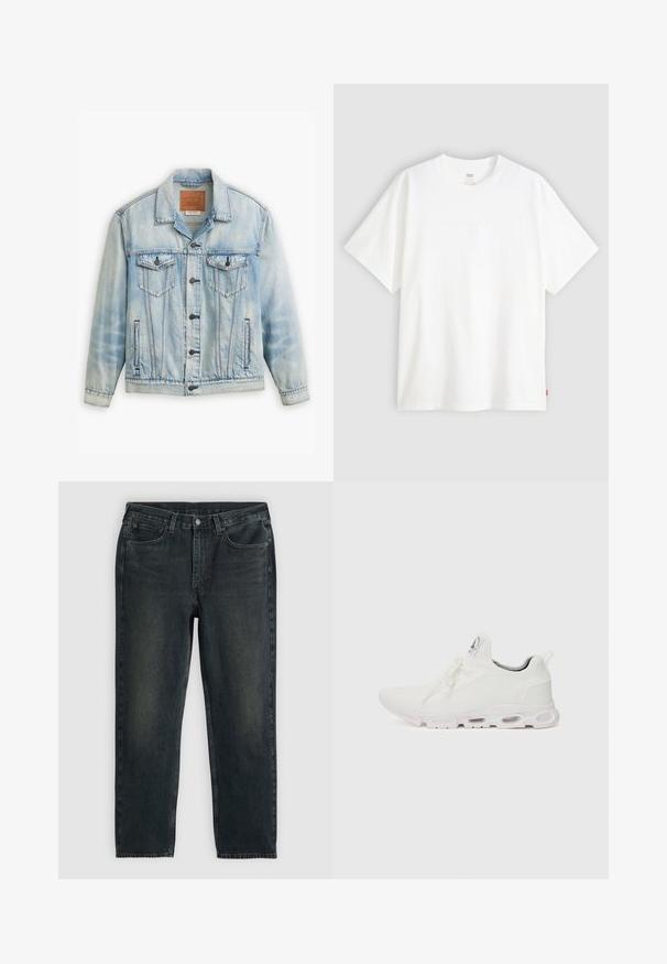 Svijetloplavi traper jakna s klasičnim dizajnom, koja ima dva džepa na prsima, kopčanje na gumbe i lagano istrošen izgled.; Bijela kratka majica od pamuka s okruglim izrezom. Sadrži suptilni reljefni logo detalj sprijeda i crvenu oznaku na rubu.; Tamno plavi traperice s ravnim krojem, koje imaju pet džepova, rajsferšlus i kontrastne šavove. Diskretno izbljeđivanje na tkanini.; Bijele atletske tenisice s gornjim dijelom od teksturiranog pletenog materijala, ravnim vezicama i jastučićem u potplatu s vidljivim zračnim komorama radi dodatne potpore.