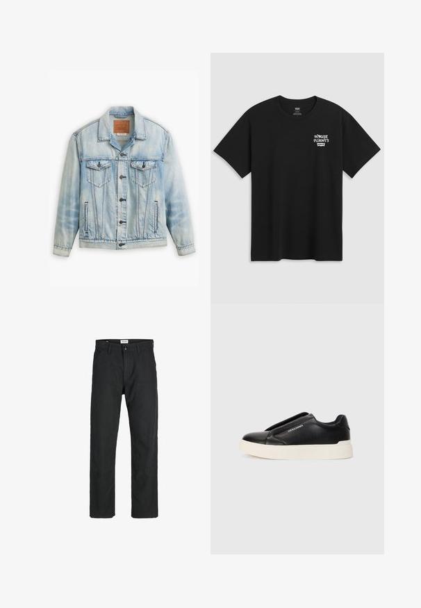 Ljusblå denimjacka med klassisk design, med två bröstfickor, knäppning och en något sliten yta.; Svart bomullströja med en brösttryck som säger "HUSVÄXTER" i vitt stiliserat typsnitt med "Levi's" under. Klassisk crew-neck.; Svarta byxor i slitstarkt tyg, med rak bendesign, stickade detaljer och två framfickor för funktionalitet.; Svart slip-on sneakers med texturerat läderöverkänsliga, vit gummisula och utan synliga snören. Har varumärkeslogotyp på sidan.