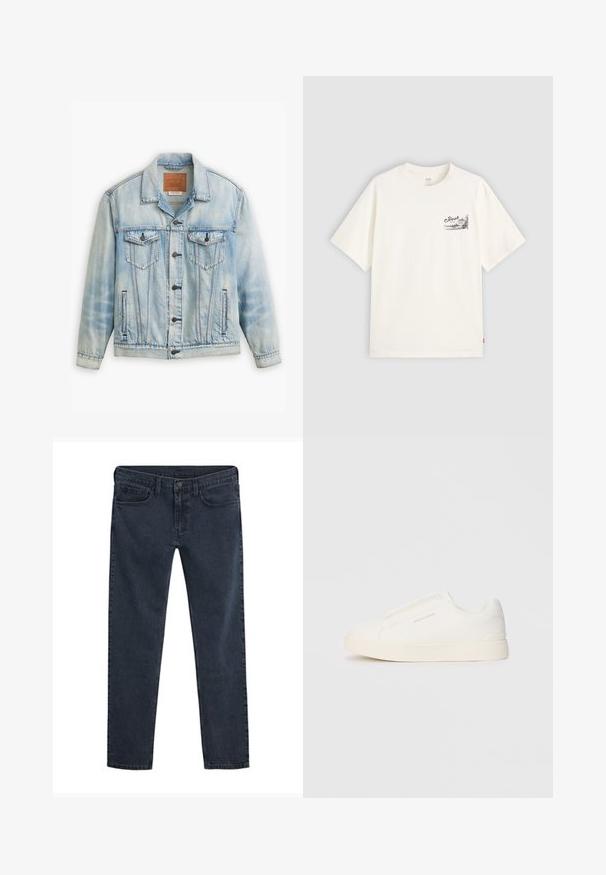 Light blue denim jacket with a classic design, featuring two chest pockets, button closure, and a slightly worn texture.; White short-sleeve t-shirt made of cotton, featuring a black graphic design on the left chest area with the word "Fresh."; Dark blue denim jeans with a slim fit, five-pocket design, button closure, and a subtle distressed texture throughout the fabric.; White slip-on sneakers with a textured surface, a thick sole, and minimalistic design. Features brand logo on the side.
