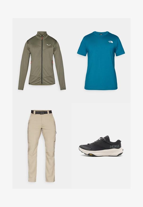 Olivazöld sportzippes dzseki magas pólónyakkal, textúrált anyagból, kontrasztos fekete zipzárral és narancssárga zipzárhúzóval. Felső ívelt varrással rendelkezik.; Tölgy színű, rövid ujjú póló, puha pamutból készült, bal mellen fehér logóval és klasszikus kerek nyakkivágással.; Beige cargo nadrág több zsebbel, fekete állítható övvel és egyenes lábformával. Könnyű, tartós anyagból készült.; Fekete sportcipő texturált felsőrésszel, szürke kiegészítőkkel, fényvisszaverő részletekkel és vastag fehér talppal, amelyen Vibram márkajelzés található.