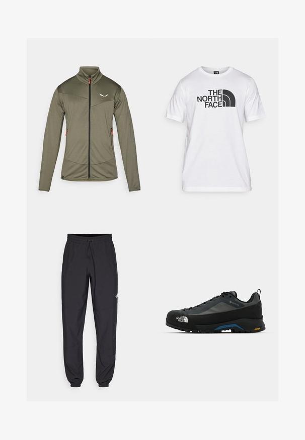 Olivgrön idrottsjacka med dragkedja och hög krage, texturerat tyg, kontrasterande svart dragkedja och orange dragkedja. Har snedställda sömmar.; Vitt bomullströja med svart grafisk tryck som har text och en rundad logotypdesign. Rund halsringning och korta ärmar. Enslig textur.; Svarta träningsbyxor tillverkade av lättviktsmaterial, med dragsko i midjan, sidofickor och avsmalnande muddar vid anklarna.; The North Face VERTO ALPINE GORE TEX - Hikingskor - asphalt grey/tnf black