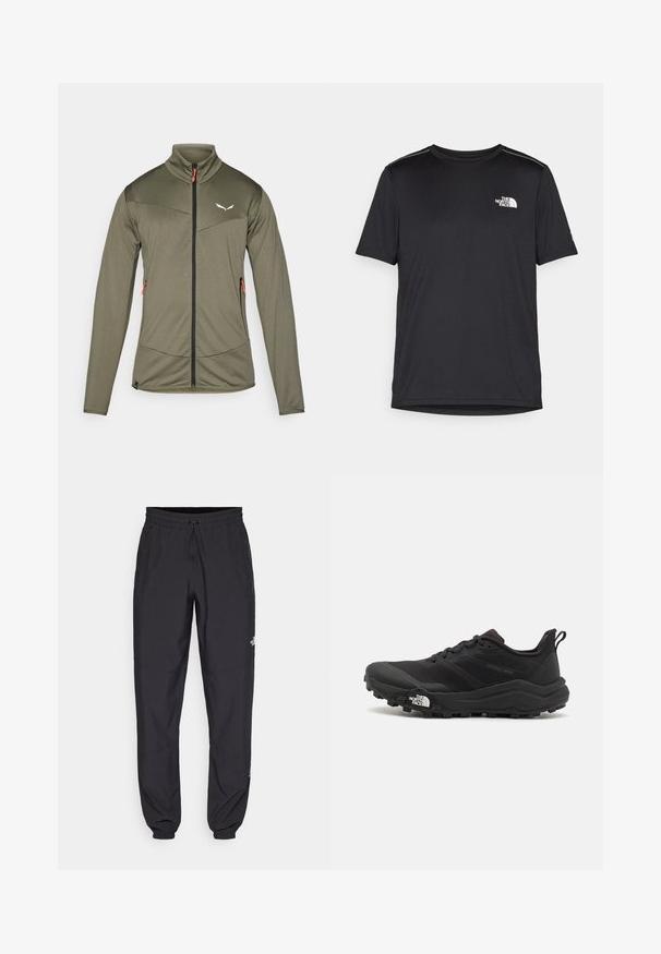 Olive green athletic zip-up jacket with a high collar, textured fabric, contrasting black zipper, and orange zipper pull. Features angled seams.; Black short-sleeve T-shirt made from lightweight fabric. Features a small white logo on the left chest and subtle shoulder accents.; Black athletic pants made from lightweight fabric, featuring a drawstring waistband, side pockets, and tapered cuffs at the ankles.; Black trail running shoe with a textured upper, rubber sole, and reinforced toe cap. Features a padded collar and pull tab for easy wear.