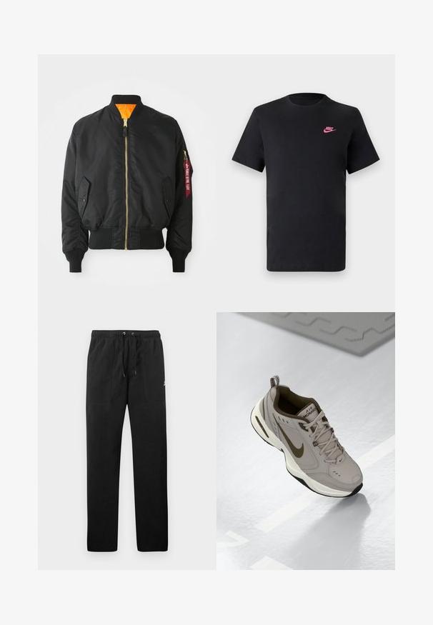 Sort bomberjakke med guld lynlås, ribbet manchetter og en orange foring. Har en sidelomme og et mærket rødt tag på ærmet.; Sort bomulds T-shirt med rund halsudskæring og korte ærmer. Har et pink Nike-logo på øverste venstre side. Glat tekstur.; Sorte sweatpants lavet af fleece, med en elastisk talje med snore, to frontlommer og et lille logo på låret.; Nike Air Monarch IV sneakers, lys grå læder, rund tå, sort gummisål, beige snørebånd og guld logo på siden.