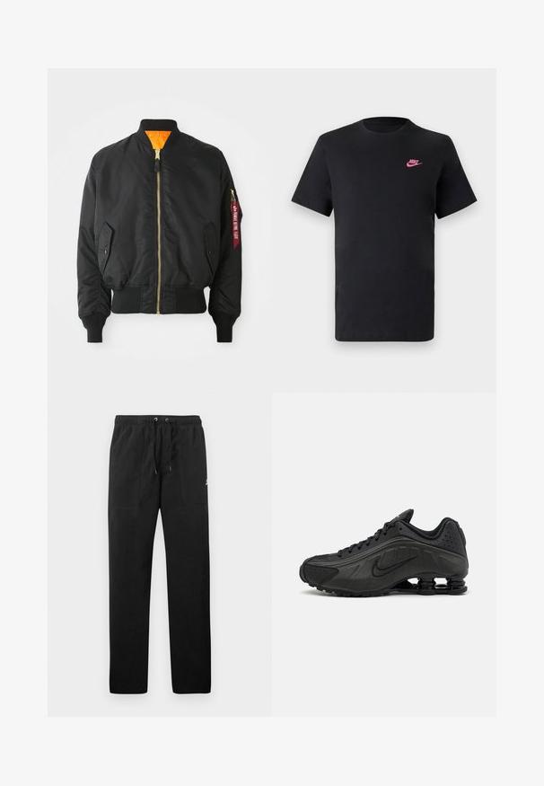 Sort bomberjakke med guld lynlås, ribbet manchetter og en orange foring. Har en sidelomme og et mærket rødt tag på ærmet.; Sort bomulds T-shirt med rund halsudskæring og korte ærmer. Har et pink Nike-logo på øverste venstre side. Glat tekstur.; Sorte sweatpants lavet af fleece, med en elastisk talje med snore, to frontlommer og et lille logo på låret.; Sorte løbesko med en glat syntetisk overdel, perforerede detaljer, teksturerede sidedele og en distinkt fjedrende sål.