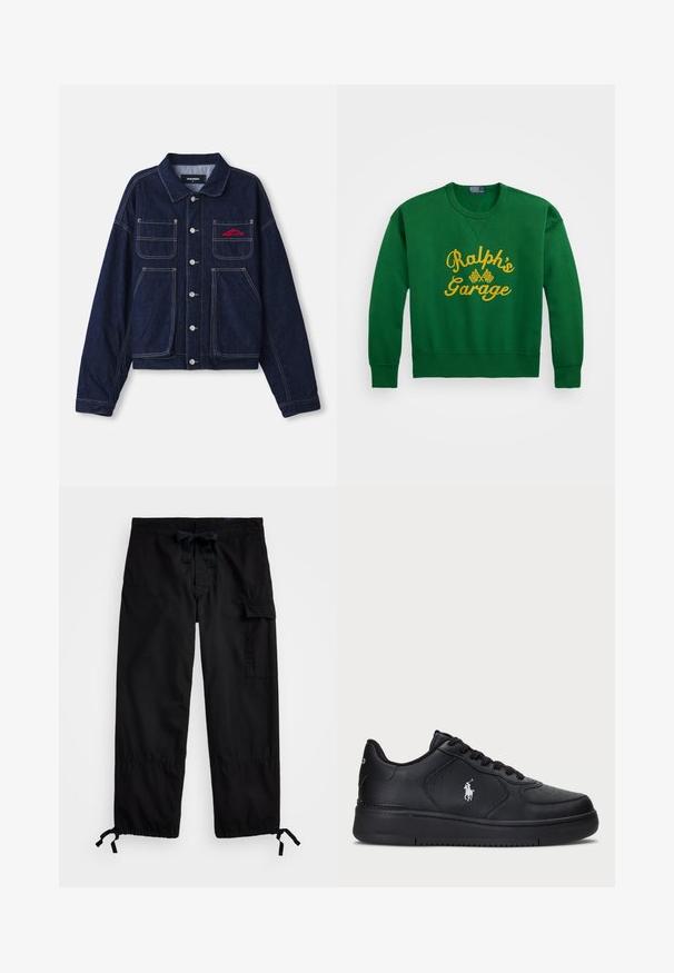 Veste en denim foncé avec col, boutons sur le devant, deux poches poitrine et logo brodé en rouge. Présente des coutures contrastantes jaunes.; Sweatshirt vert avec un col arrondi, comportant un texte brodé jaune "Ralph’s Garage" et des détails à damier. Matière en mélange de coton.; Pantalons cargo noirs avec taille élastique et cordon de serrage. Comprend des poches latérales et des poignets ajustables avec arrêts. Fabriqué en tissu léger.; Baskets en cuir noir avec un design perforé, fermeture à lacets plate et logo brodé blanc sur le côté. Semelle en caoutchouc noire épaisse.