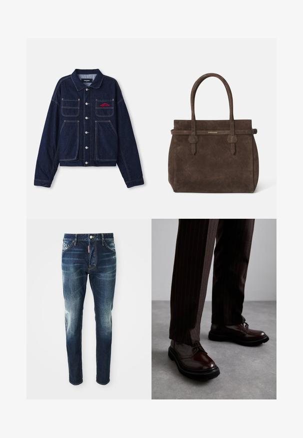 Dark denim jacket with a collared neck, front buttons, two chest pockets, and embroidered logo in red. Features contrasting yellow stitching.; White cotton sleeveless tank top with a round neckline, featuring a smooth texture and a fitting shape, designed for casual wear.; Dark blue denim jeans with a slim fit, featuring faded areas on the thighs and knees, five pockets, and a metal button closure.; Brown leather lace-up shoes with a glossy finish, black rubber sole, and subtle stitching. Worn with pinstriped brown trousers.; Dark brown suede tote bag with dual handles and a horizontal strap featuring a small gold DSQUARED2 logo plaque.