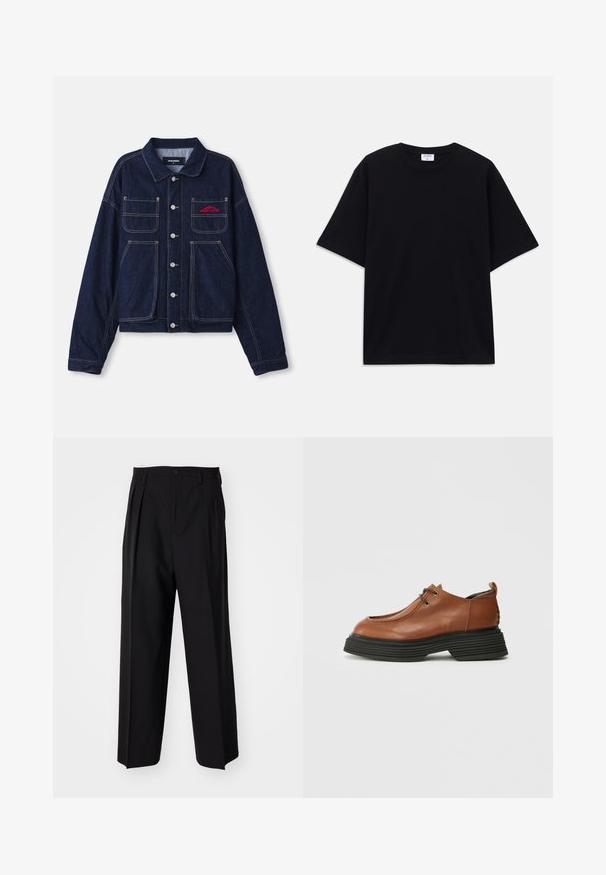 Chaqueta de mezclilla oscura con cuello tipo camisa, botones en la parte delantera, dos bolsillos en el pecho y un logo bordado en rojo. Presenta costuras en amarillo que contrastan.; Camiseta oversized de manga corta en negro con escote redondo y etiqueta de la marca Filippa K visible en el interior del cuello.; Pantalones negros plisados con un diseño recto y de pierna ancha. Fabricados en una tela suave, presentan un cierre de botón y trabillas para el cinturón.; Zapato de cuero marrón con punta redondeada, diseño con cordones y suela gruesa en capas negras. Destaca por su silueta estructurada y textura.