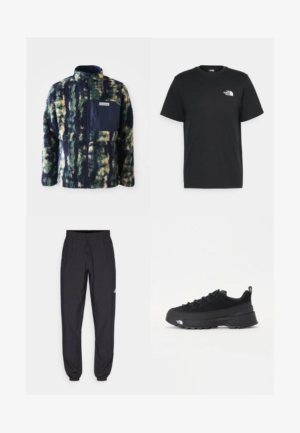 Fleeces jaka ar tumši zilu apkakli, daudzkrāsains kamuflāžas raksts zaļā, dzeltenā un zilā krāsā, ar rāvējslēdzēja krūšu kabatu.; Melna kokvilnas T-krekls ar īsām piedurknēm, apaļu kakla izgriezumu un mazu balto logotipu kreisajā krūtīs. Vienkāršs dizains, gluda tekstūra un brīvs piegriezums.; Melni sporta bikses, kas izgatavotas no viegla auduma, ar savelcamu jostu, sānu kabatām un sašaurinātiem apakšējiem galiem pie potītēm.; Melni āra sporta apavi ar zamšādas virsu, teksturētu gumijas zoli un izturīgu auklu sistēmu. Iezīmēts ar pastiprinātu papēdi un zīmola logo sānu daļā.