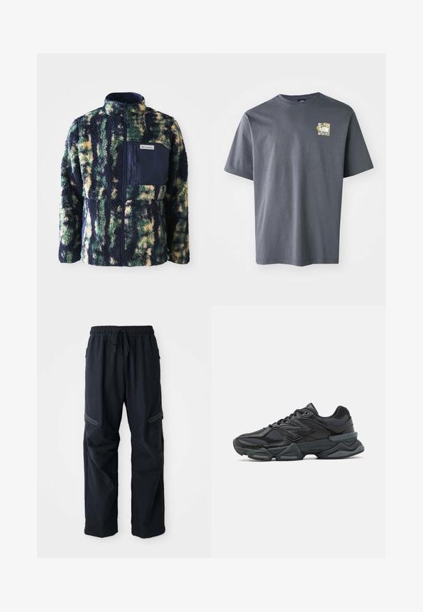 Polarowa kurtka z granatowym kołnierzem, w wielokolorowy wzór w kamuflaż w odcieniach zieleni, żółci i niebieskiego, posiada zamykaną na zamek kieszeń na piersi.; Szara koszulka z krótkim rękawem wykonana z bawełny, z małym graficznym motywem kwiatowym na piersi. Klasyczny krój, miękka tekstura i luźny fason.; Czarne casualowe spodnie z elastycznym pasem, sznurkiem i kieszeniami na zamek na białym tle.; Czarne buty biegowe z mieszanką siateczki i materiałów syntetycznych, masywną podeszwą, opływowym kształtem oraz wyraźnym brandingiem z boku.