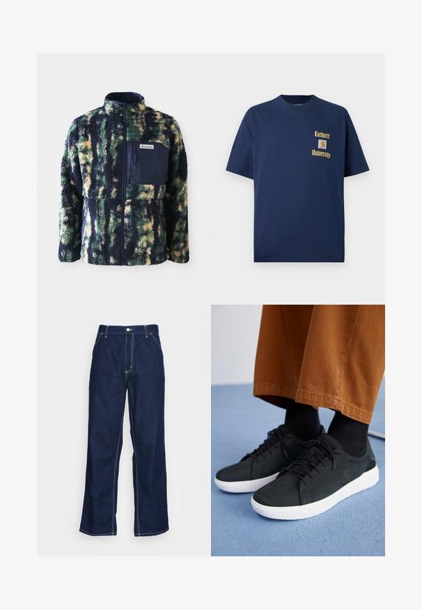 Fleeces jaka ar tumši zilu apkakli, daudzkrāsains kamuflāžas raksts zaļā, dzeltenā un zilā krāsā, ar rāvējslēdzēja krūšu kabatu.; Tumši zila kokvilnas T-krekls ar īsām piedurknēm, ar zelta tekstu "Carhartt University" un logo uzšuvumu kreisajā krūtī.; Tumši zili džinsu bikses ar platajām kājām, ar augsto jostas daļu, priekšējām kabatām un kontrastējošām baltām šuvēm.; Melnas zamšādas kedas ar baltām gumijas zolēm, ar saistāmām auklām, tekstūrētām detaļām un diskrētu zīmolu, apvienotas ar brūniem biksēm.