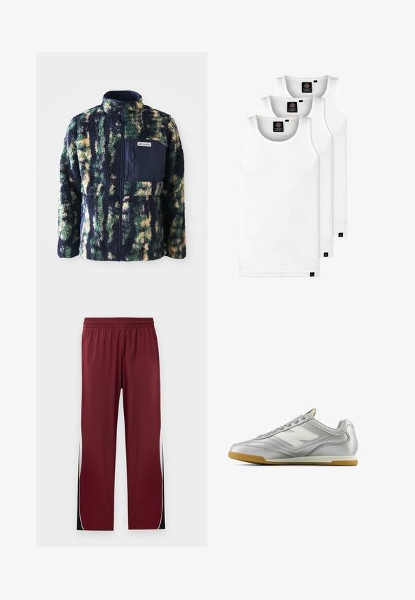 Polarowa kurtka z granatowym kołnierzem, w wielokolorowy wzór w kamuflaż w odcieniach zieleni, żółci i niebieskiego, posiada zamykaną na zamek kieszeń na piersi.; Trzy białe prążkowane koszulki na ramiączkach wykonane z bawełny. Posiadają okrągły dekolt i małe czarne metki blisko dolnego brzegu. Dostępne w różnych rozmiarach.; Bordowe spodnie sportowe z elastycznym pasem, kontrastującymi białymi paskami po bokach i czarnymi akcentami. Wykonane z gładkiego, lekkiego materiału.; Srebrny but sportowy o gładkiej, błyszczącej powierzchni, z białym logo z boku, teksturowanymi szarymi sznurówkami i podeszwą z gumy.