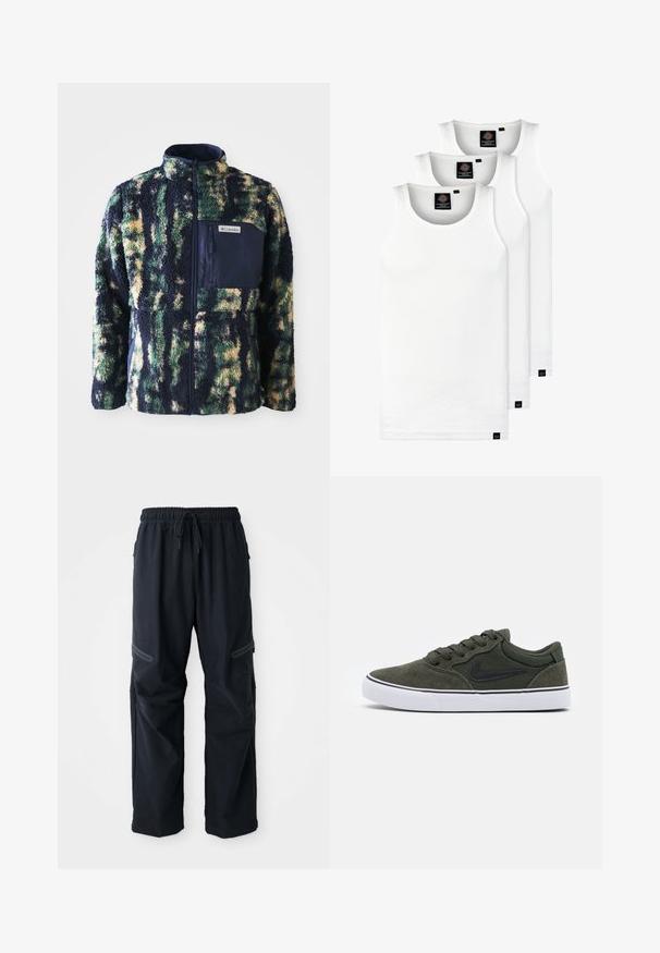 Giacca in pile con colletto blu navy, motivo camouflage multicolore in verde, giallo e blu, dotata di tasca sul petto con zip.; Tre canotte bianche a coste in cotone. Presentano un colletto rotondo e piccole etichette nere vicino all'orlo. Disponibile in diverse taglie.; Pantaloni casual neri con vita elasticizzata, cordino e tasche con zip su sfondo bianco.; Sneaker verde in suede con accenti neri e suola in gomma bianca; presenta lacci, colletto imbottito e un logo laterale. Texture liscia, design a taglio basso.