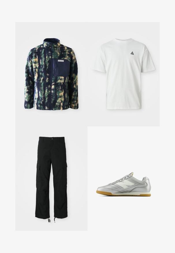 Giacca in pile con colletto blu navy, motivo camouflage multicolore in verde, giallo e blu, dotata di tasca sul petto con zip.; T-shirt bianco a maniche corte con un piccolo logo a triangolo nero che contiene "acg" sul petto sinistro, sfondo semplice.; Pantaloni cargo neri realizzati in tessuto resistente, dotati di due tasche laterali, chiusura con bottone e orli regolabili per una vestibilità ampia e comoda.; Scarpa sportiva argentata con una superficie liscia e lucida, logo bianco di lato, lacci grigi con texture e suola in gomma.