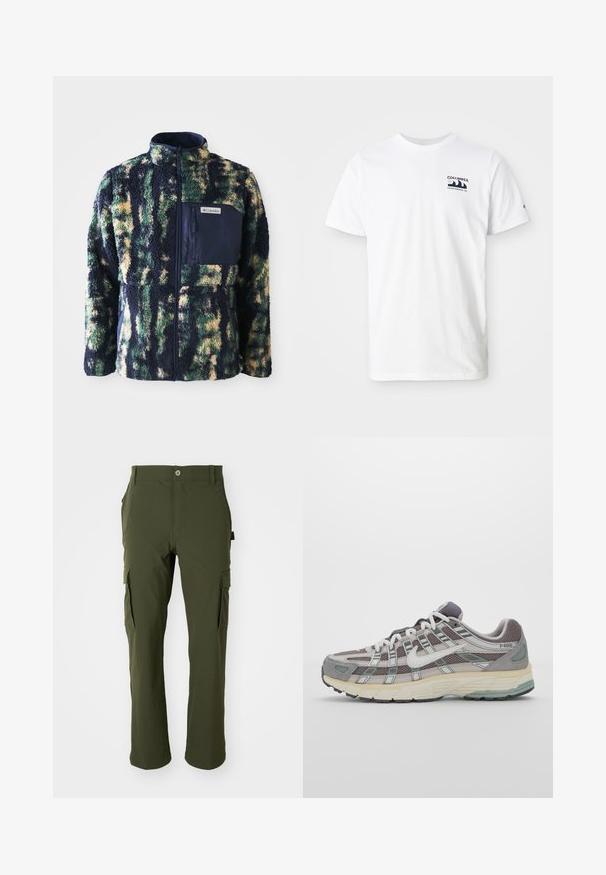 Giacca in pile con colletto blu navy, motivo camouflage multicolore in verde, giallo e blu, dotata di tasca sul petto con zip.; T-shirt bianca in cotone con maniche corte. Presenta un logo blu navy sul lato sinistro del petto. Design semplice con collo tondo e tessuto morbido.; Pantaloni cargo verde oliva realizzati in tessuto leggero. Caratterizzati da gambe dritte, numerose tasche laterali e chiusura con bottone in vita.; Scarpa sportiva grigia con tomaia in mesh e suede, dettagli bianchi, suola ammortizzata e un design distintivo con elementi riflettenti.