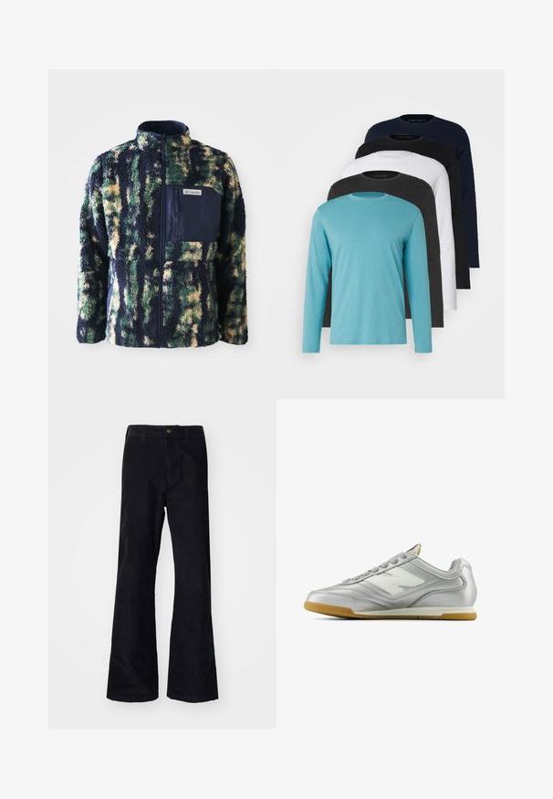Polarowa kurtka z granatowym kołnierzem, w wielokolorowy wzór w kamuflaż w odcieniach zieleni, żółci i niebieskiego, posiada zamykaną na zamek kieszeń na piersi.; Pięć koszulek z długim rękawem w rzędzie: turkusowa, czarna, biała, ciemnoszara i granatowa. Miękka tkanina, okrągły dekolt i standardowy krój.; Czarne, bawełniane spodnie w typie dzwonów z tradycyjnym paskiem, pojedynczym zapięciem z przodu oraz kieszeniami po bokach i z tyłu. Gładka powierzchnia.; Srebrny but sportowy o gładkiej, błyszczącej powierzchni, z białym logo z boku, teksturowanymi szarymi sznurówkami i podeszwą z gumy.