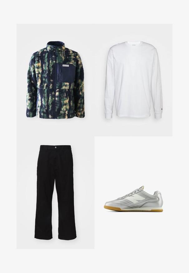 Polarowa kurtka z granatowym kołnierzem, w wielokolorowy wzór w kamuflaż w odcieniach zieleni, żółci i niebieskiego, posiada zamykaną na zamek kieszeń na piersi.; Biała, długospełna koszulka wykonana z bawełny. Klasyczny krój z okrągłym dekoltem, ściągaczami na rękawach oraz małym logiem na lewym rękawie. Gładka tekstura.; Czarne spodnie o szerokich nogawkach wykonane z tkaniny mieszanej bawełnianej, z zapięciem na guzik i prostym krojem z minimalnie widocznym szwem.; Srebrny but sportowy o gładkiej, błyszczącej powierzchni, z białym logo z boku, teksturowanymi szarymi sznurówkami i podeszwą z gumy.