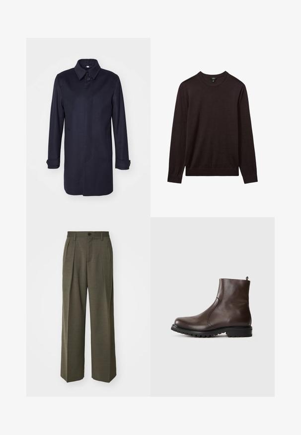 Tumedast sinine villane müts, millel on terav kaelus, üks nööbiga kinnitamine ja kaks esitaskut. Omab pikki varrukaid nööpidega mansettidega ning sirget siluetti.; Reiss Džemper - dark bordeaux; Filippa K WIDE TROUSERS - Püksid - driftwood; Pruun nahkane sääreking, millel on sile tekstuur, elastsed külgpaneelid, tõmbetabin taga ja robustne kummitald.