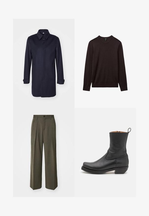 Tamsiai mėlynas vilnonis paltas su smailiu apykakle, vienu mygtuku ir dviem priekinėmis kišenėmis. Savybė ilgos rankovės su mygtukais ir tiesi siluetas.; Reiss Džemperis - dark bordeaux; Filippa K WIDE TROUSERS - Kelnės - driftwood; Juodas odinis kulkšninis botas su lygiu paviršiumi, siauru profiliu, šoninėmis siūlėmis ir žemu kvadratiniu kulnu. Yra užvilkimo kilpelė nugarinėje dalyje.