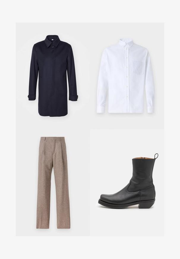 Tumši zils vilnas mētelis ar norādītu apkakli, vienu pogas aizdari un divām priekšējām kabatām. Iekļauj garas piedurknes ar pogājamiem aprocēm un taisnu siluetu.; Balts garo piedurknēm krekliņš ar pogām, izgatavots no kokvilnas, ar krūšu kabatu ar tonālu izšuvumu, apkakli un pogām pie piedurknēm.; Brūni, augstos šortos izgatavoti no teksturēta auduma. Iezīmē plašas kājas un divas priekšējās krokas, kas nodrošina struktūru. Kārtīga apdare bez redzamām detaļām.; Melna ādas potītes zābaks ar gludu tekstūru, šauru profilu, sānu šuvēm un zemu kvadrātveida papēdi. Aiz muguras ir pievilkšanas cilpa.