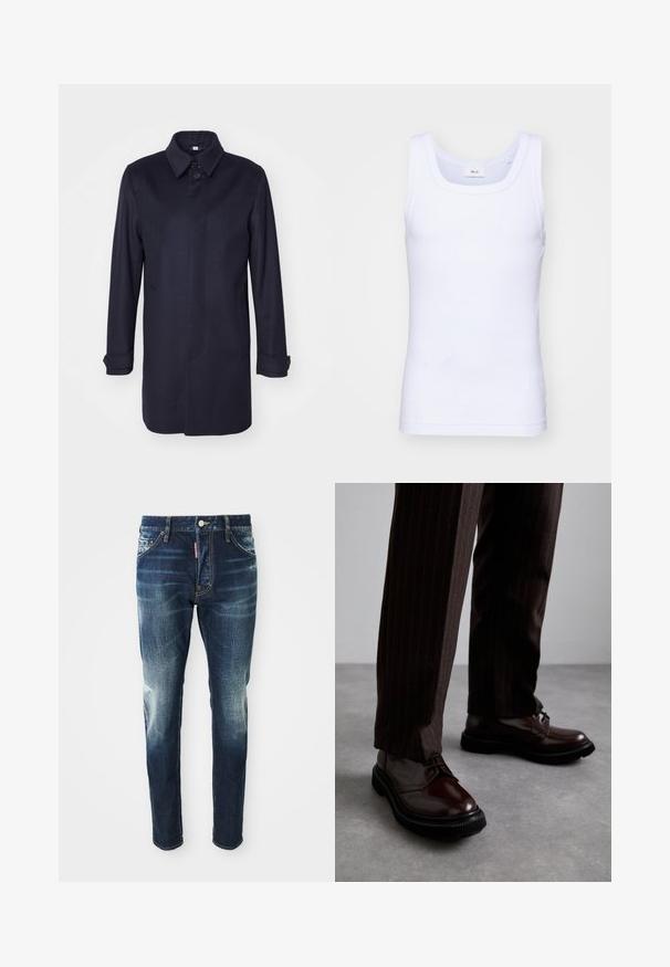 Tmavě modrý vlněný kabát s špičatým límcem, zapínání na jeden knoflík a dvěma předními kapsami. Má dlouhé rukávy s manžetami na knoflíky a rovný siluetu.; Bílé bavlněné tílko bez rukávů s kulatým výstřihem, s hladkou texturou a přiléhavým střihem, navržené pro volnočasové nošení.; Tmavě modré džíny s úzkým střihem, se zesvětlenými místy na stehnech a kolenou, pěti kapsami a kovovým zapínáním na knoflík.; Hnědé kožené šněrovací boty s lesklým povrchem, černou gumovou podrážkou a jemným štepováním. Nosené s hnědými pruhovanými kalhotami.