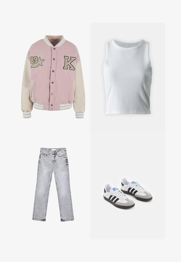 Karl Kani RETRO PATCH STAR OS COLLEGE - Bombera - rose lightsand; Biely rebrovaný top bez rukávov s okrúhlym výstrihom, so strapatým lemom a hladkou, elastickou textúrou.; Šedé džínsy s rovnými nohavicami, s opotrebovaním, piatimi vreckami a meďou pokovovanými nitmi. Pás má štítok s logom.; Športové topánky s bielym koženým zvrškom, šedou semišovou špičkou a tromi čiernymi pruhmi. Obsahujú modré logo na jazyku a štruktúrovanú gumovú podrážku.