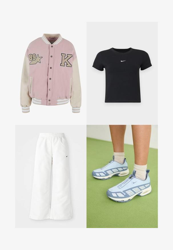 Karl Kani RETRO PATCH STAR OS COLLEGE - Bomber-jakk - rose lightsand; Must have lühikeste varrukatega must t-särk, mis on valmistatud puuvillast ja millel on ümar kaelus. Ees on valge Nike logo, minimaalne disain ja sobiv kuju.; Valged spordipüksid laia jalaga disainiga, elastse vöökohtaga ja väike must Nike logo vasakul küljel. Sile, kerge materjal.; Heledad sinised spordijalatsid valgete detailidega, tekstuuriga paneelid ja tõmblukk. Omab nähtavat õhuklotsiga tallat ja kummist välispinda.