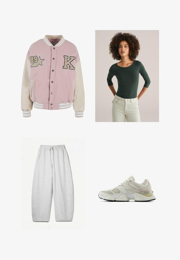 Karl Kani RETRO PATCH STAR OS COLLEGE - Bomber bunda - rose lightsand; Žena s kudrnatými vlasy, oblečená ve třičtvrtě rukávovém zeleném topu a světle béžových kalhotách, stojí s rukama za zády na jednobarevném pozadí.; Šedé tepláky s uvolněným střihem, elastickým pasem, šňůrkou a bočními kapsami; vyrobeny z měkké, strukturované tkaniny.; Bílé tenisky s vrchní částí z prodyšné síťoviny a semiše, zaoblenou špičkou a polstrovaným límcem. Mají reflexní akcenty a silnou, strukturovanou podrážku.