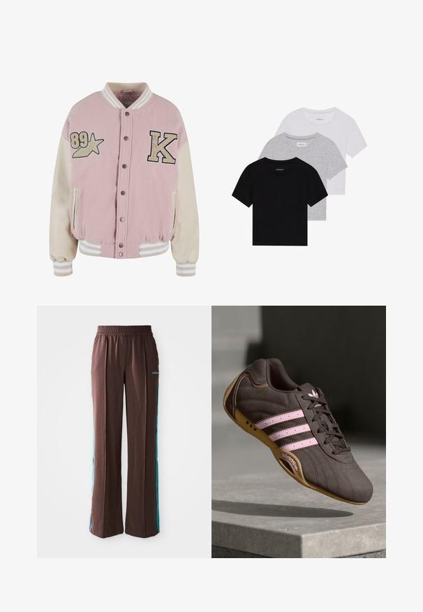 Karl Kani RETRO PATCH STAR OS COLLEGE - Bombejakke - rose lightsand; Sett med tre kortermede t-skjorter i svart, grått og hvitt. Laget av bomull, med rund hals og en enkel, ensfarget design.; Brune sporty bukser med ribbet tekstur, elastisk talje og turkise side striber. Har adidas-logoet på forsiden.; Brune suede atletik sko med rosa striper og logo, med en teksturert overdel, snøring og såle i gummigummi.