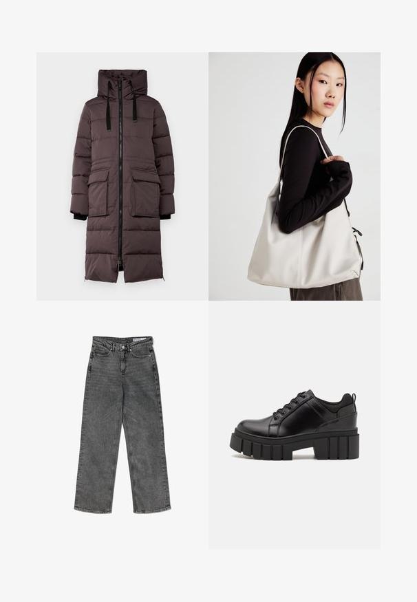 Donkerbruine pufferjas met hoge kraag, voorrits, twee grote zakken en ribgebreide manchetten. Bevat horizontale stiksels voor isolatie.; Set van twee longsleeve tops in wit en zwart. Geribbelde textuur, ronde hals, aansluitend ontwerp met licht uitlopende mouwen.; Hoge taille zwarte gewassen rechte jeans met voorzakken, riemlussen, knoopsluiting en een merklabel aan de binnenkant van de tailleband.; Zwarte leren platform schoenen met een stevige blokhak, ronde neus en een traditionele vetersluiting. Kenmerkt zich door een gladde textuur en minimale details.; Beige handtas gemaakt van zacht materiaal, met een slonzig ontwerp, gestikte details en twee schouderbanden. Geschikt voor dagelijks gebruik.